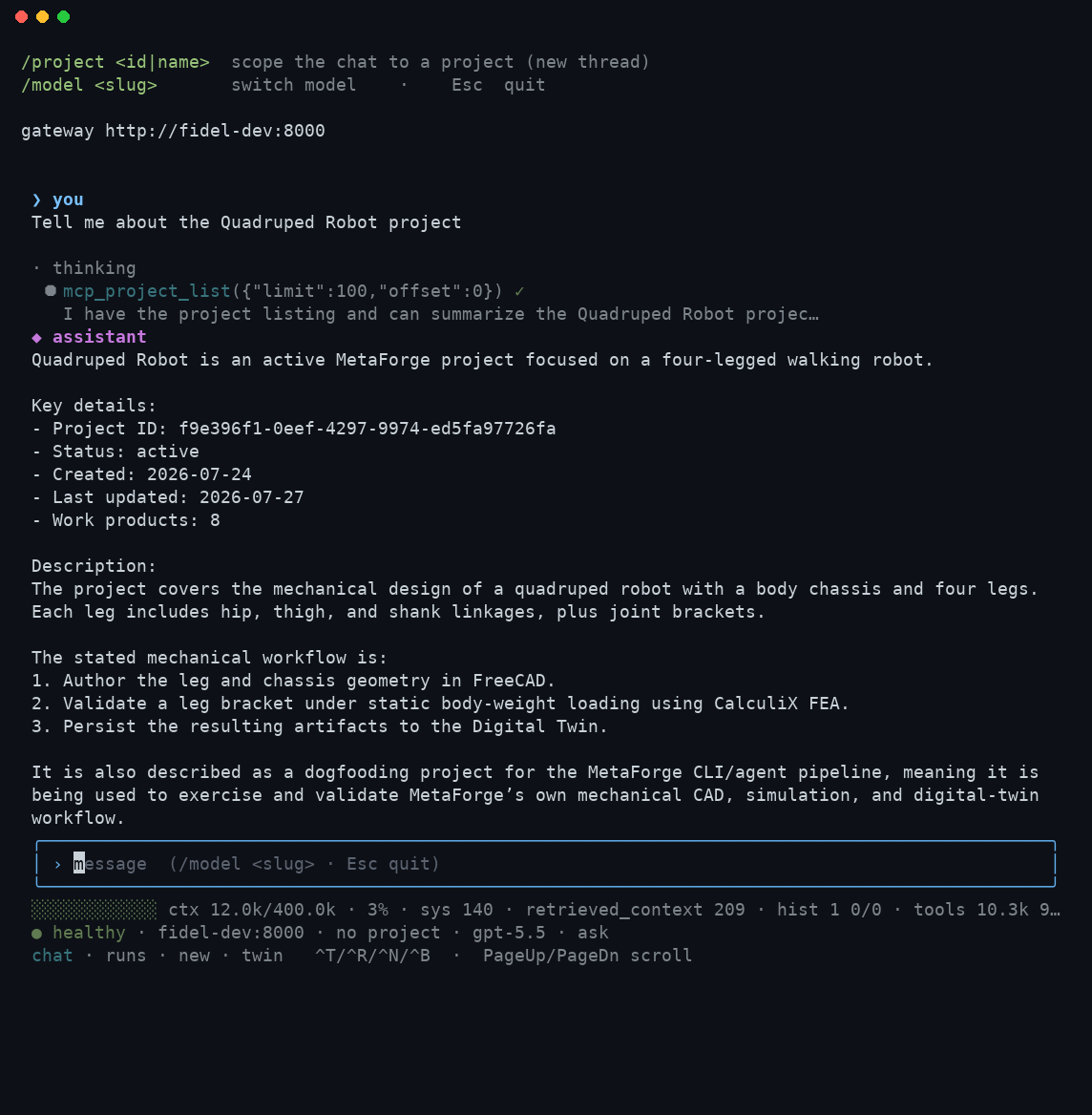 A completed forge TUI chat turn, showing the tool call line and the full formatted answer below it