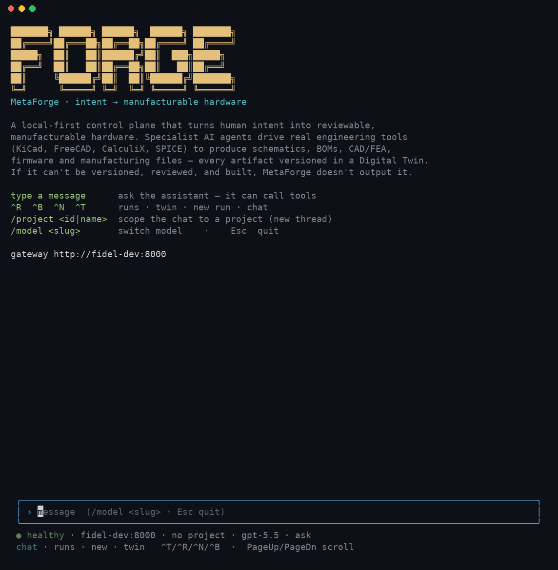 Animated capture of a forge TUI chat turn: typing a question, a tool call streaming in with a spinner, then the final formatted answer