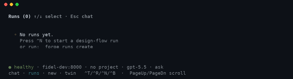The forge TUI Runs pane, empty, with a hint to press ^N or run forge runs create